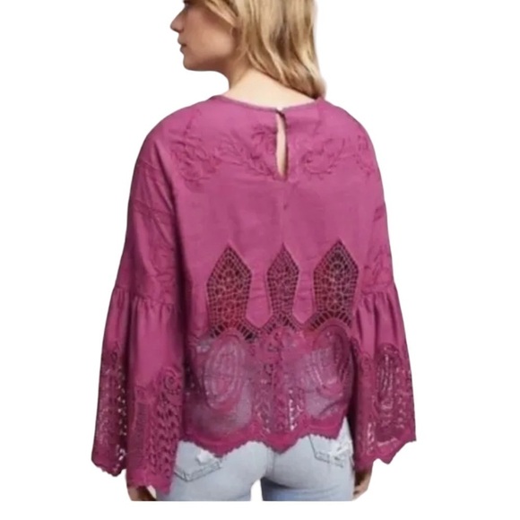 Anthropologie Chloe Oliver boho embroidered lace bell sleeve blouse size… - Picture 3 of 12